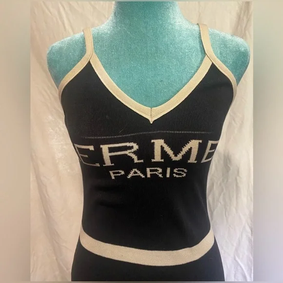 Hermes Paris Logo Black Bodycon Knit Sweater Stretch Tank Mini Dress Size Small - Picture 2 of 4